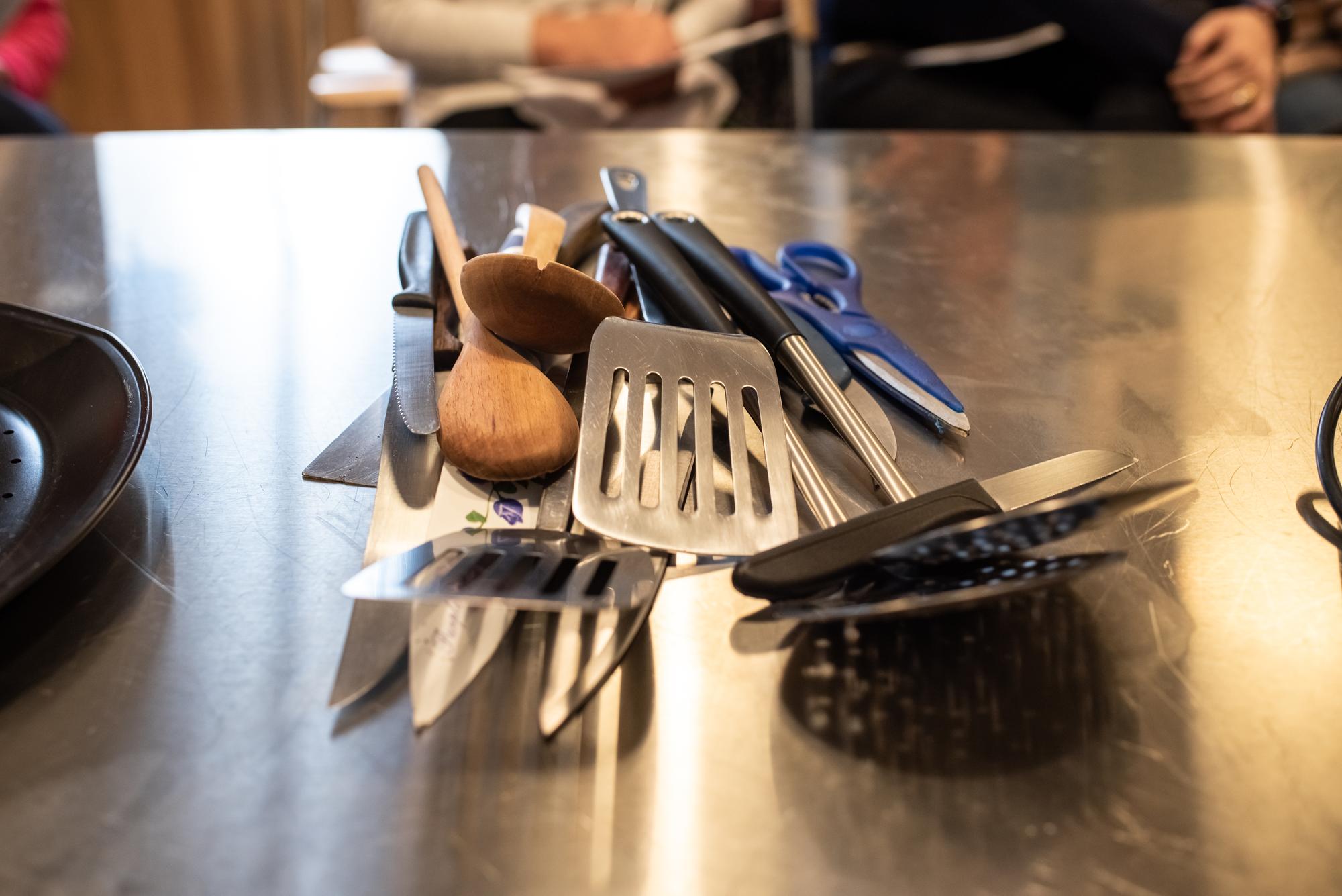 Studio counter with mise en place and utensils