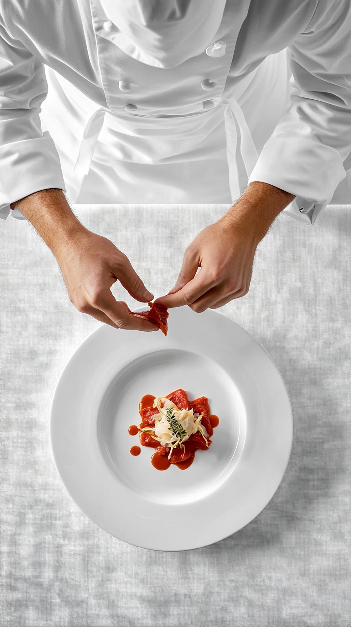 Instructor plating a dish in studio kitchen